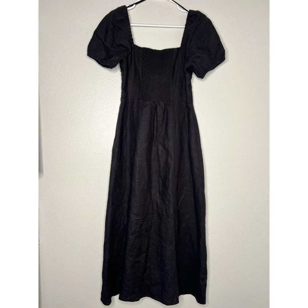& Other Stories Black Linen Blend Puff Sleeve Midi Dress with Slit Size 4 - Picture 7 of 9
